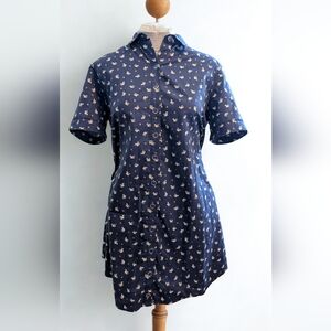 OOAK Navy Blue Dragon-Print Midi Shirt Dress EUC